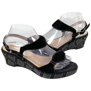 Salvatore Ferragamo Black Geometric Leather Wedge Heel Sandals Women’s Size 8